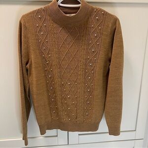 Vintage TRADITIONS Brown Knit Sweater with Pearl Accents Womens Size Medium
